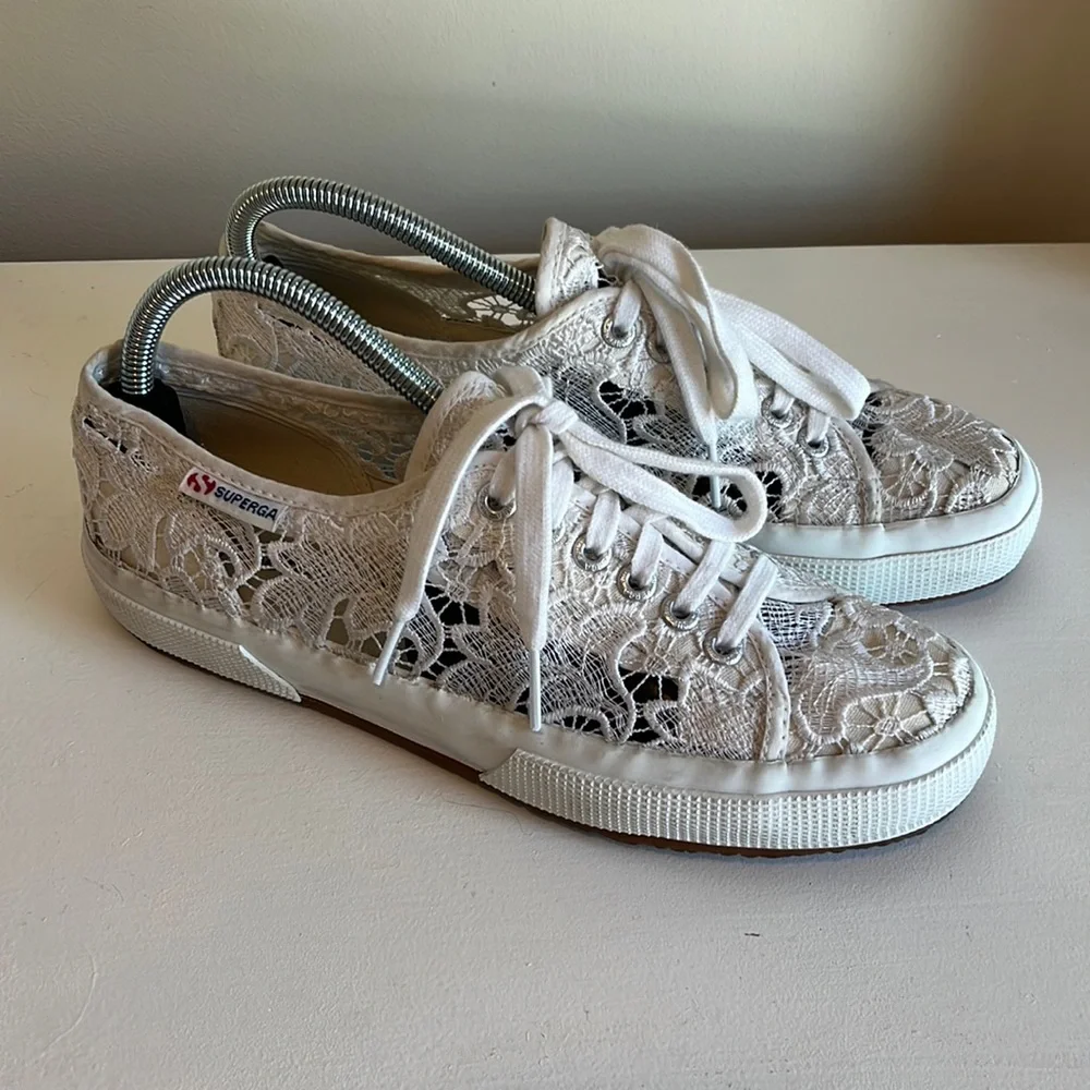 Superga 2750 White Macrame Lace Up Sneakers Size 9 - Picture 2 of 9